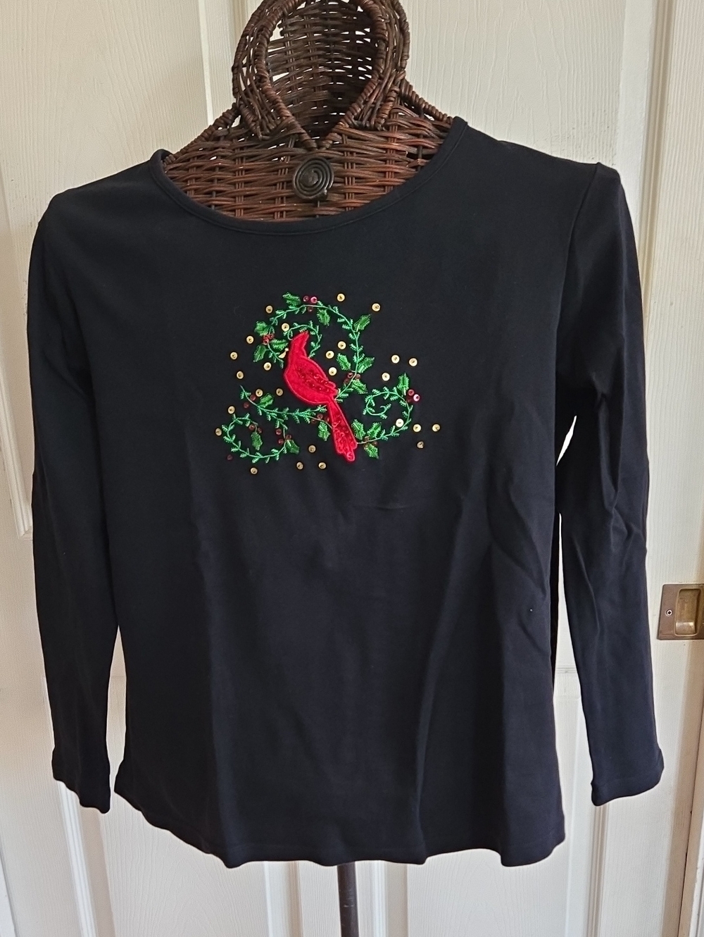 Kim Rogers Black Top with Subtle Embroidered Holiday Detail